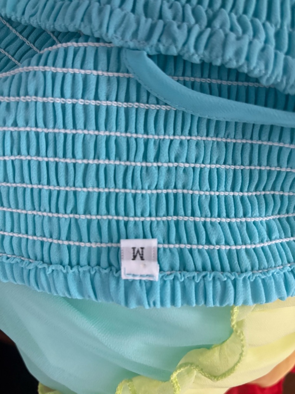 Women’s Sz M lined Hi-Low Tiered Ombre Smocked Maxi Dress in Aqua, Yellow & Red - Picture 7 of 9